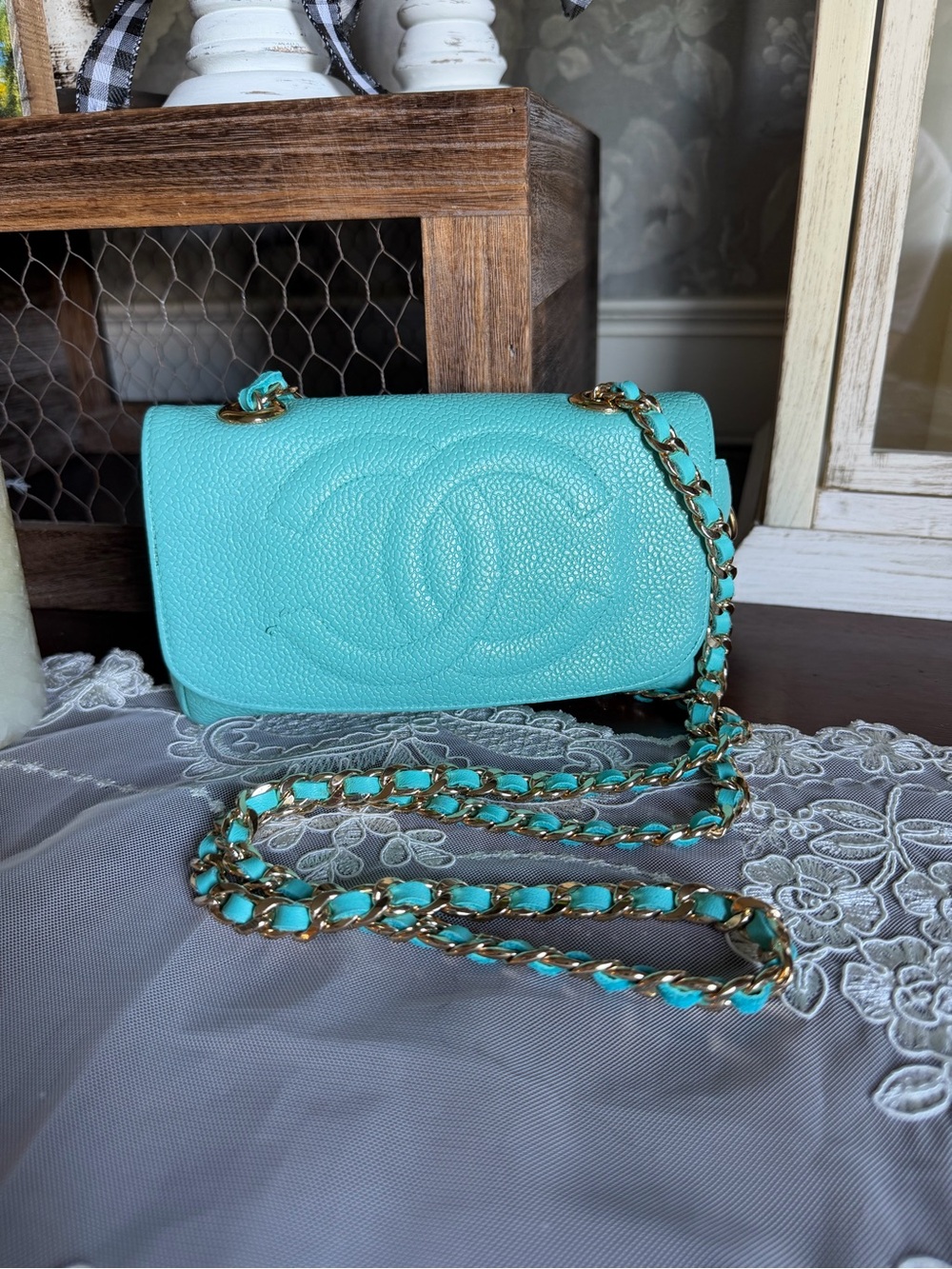 CHANEL Turquoise Pebbled Caviar Leather Mini Crossbody Bag Purse